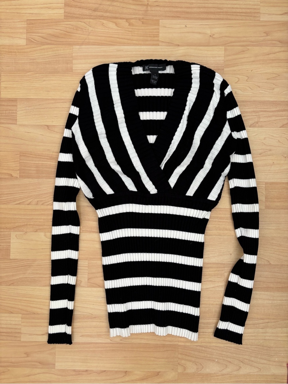 INC International Concepts Black & White Striped V-Neck Sweater